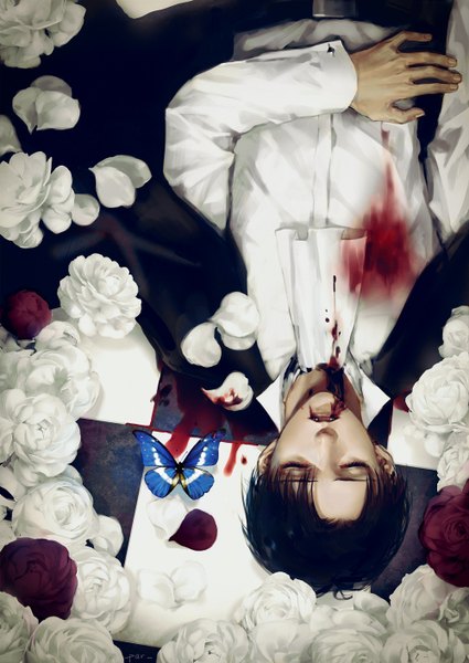 Anime picture 1000x1410 with shingeki no kyojin production i.g levi (rivaille) par single tall image short hair black hair lying eyes closed fingernails on back alternate costume floor vampire bloody clothes boy flower (flowers) shirt petals