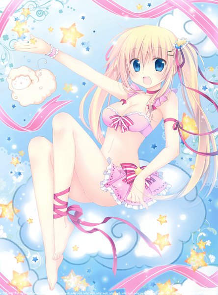 Anime picture 5179x7000 with original korie riko single long hair tall image looking at viewer highres open mouth blue eyes light erotic blonde hair twintails absurdres scan girl hair ornament ribbon (ribbons) swimsuit hair ribbon bikini