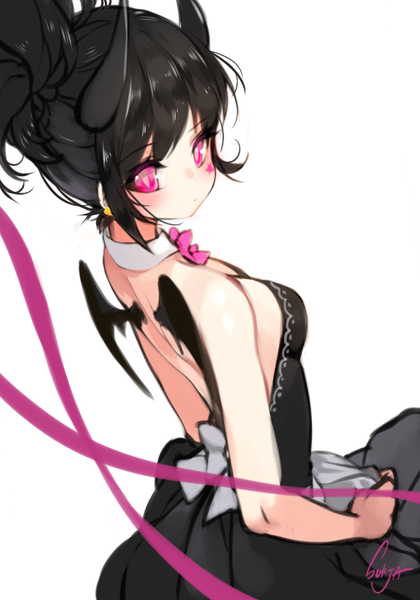 Anime picture 700x1000 with original sorolp single tall image looking at viewer blush fringe short hair black hair bare shoulders signed ponytail pink eyes looking back horn (horns) tattoo facial mark bare back black wings bat wings