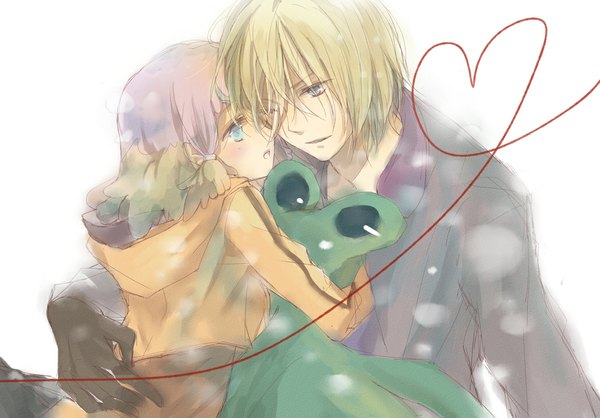 Anime picture 1029x718 with aquarion (series) aquarion evol satelight jin musou yunoha thrul blush fringe short hair blue eyes blonde hair simple background white background pink hair multicolored hair hair over one eye hug girl boy toy stuffed animal