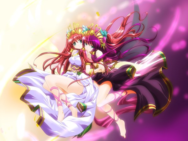 Anime picture 1200x900 with puzzle & dragons venus (p&d) repray long hair looking at viewer blue eyes multiple girls purple hair red hair barefoot legs girl dress ribbon (ribbons) 2 girls tiara