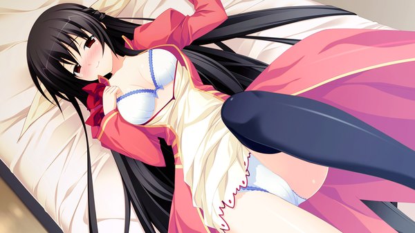 Anime picture 1280x720 with tiny dungeon (game) rosebleu vell sein blush light erotic black hair red eyes wide image game cg underwear panties