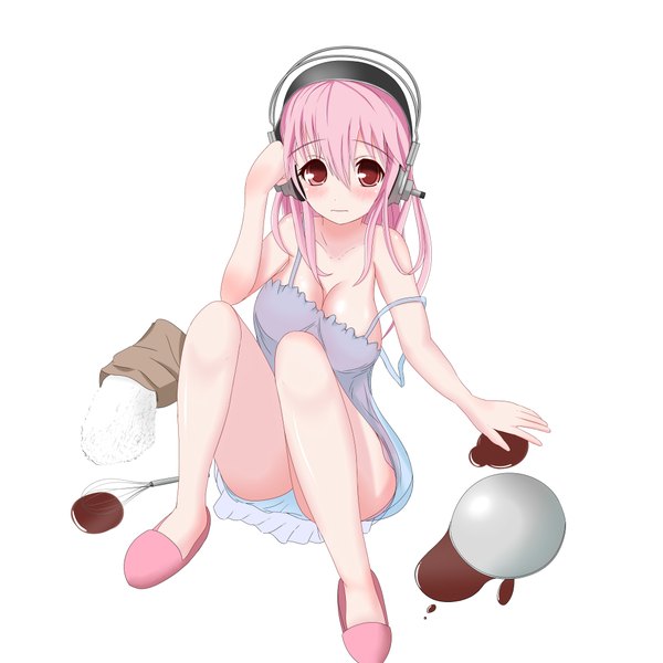 Anime picture 4096x4096 with nitroplus super sonico single long hair looking at viewer blush highres breasts light erotic simple background red eyes white background pink hair absurdres cleavage girl food sweets headphones chocolate