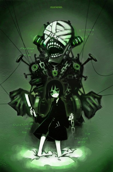 Anime picture 1054x1600 with original kiku (kicdoc) single tall image short hair black hair holding green eyes barefoot fingernails teeth character names kneeling pale skin girl chain coat monster