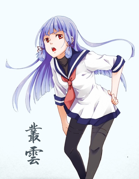 Anime picture 700x900 with kantai collection murakumo destroyer nisi9 (artist) single long hair tall image looking at viewer fringe breasts open mouth simple background red eyes purple hair bent knee (knees) scan inscription arm support leaning leaning forward hand on hip