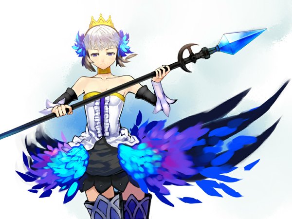 Anime picture 1000x750 with odin sphere vanillaware gwendolyn kawazu single short hair blue eyes simple background white background bare shoulders white hair girl detached sleeves wings thigh boots crown spear