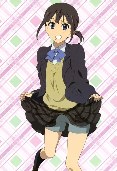 Anime picture 4080x5934 with kokoro connect nyantype silver link nagase iori single tall image highres short hair black hair smile purple eyes absurdres official art skirt lift girl uniform school uniform socks shorts black socks