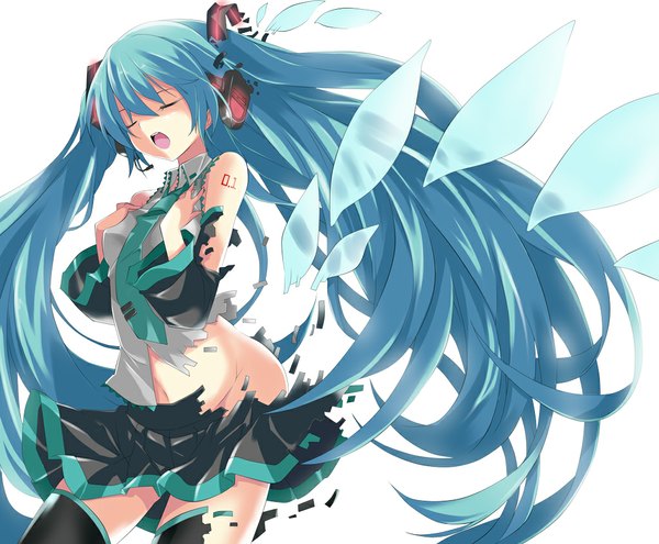 Anime picture 1024x845 with vocaloid hatsune miku gintarou (kurousagi108) single long hair open mouth light erotic simple background white background twintails blue hair eyes closed very long hair torn clothes singing destruction girl thighhighs skirt detached sleeves