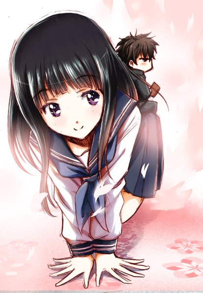 Anime picture 1089x1575 with hyouka kyoto animation chitanda eru oreki houtarou naruse long hair tall image blush fringe short hair black hair brown hair purple eyes black eyes on all fours :> girl boy skirt uniform