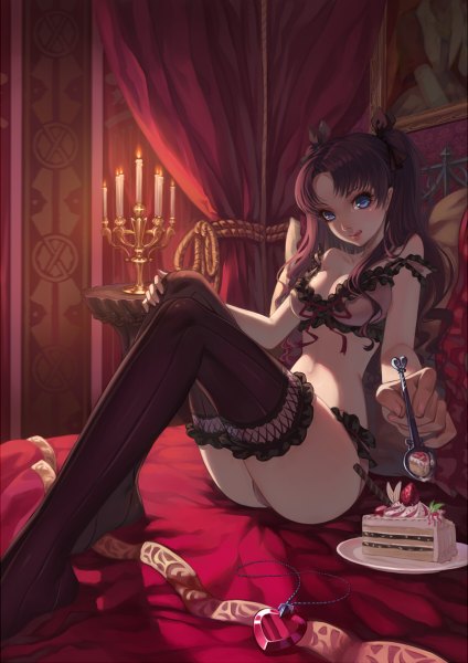 Anime picture 848x1200 with fate (series) fate/stay night type-moon toosaka rin -elf-jy single long hair tall image looking at viewer light erotic black hair sitting twintails girl thighhighs underwear panties bow black thighhighs hair bow