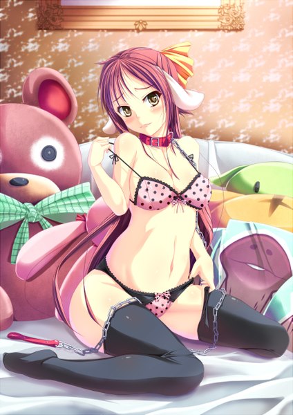Anime picture 1753x2480 with original cyoppu long hair tall image blush highres light erotic brown eyes red hair underwear only half updo girl thighhighs navel underwear panties black thighhighs animal lingerie bra