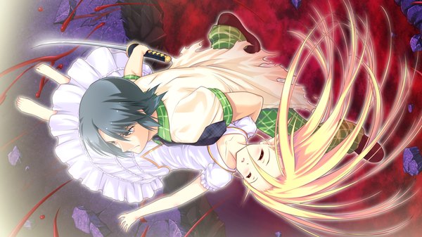 Anime picture 1280x720 with colorful cure moric (artist) long hair short hair black hair blonde hair wide image game cg eyes closed girl boy weapon sword katana blood sundress