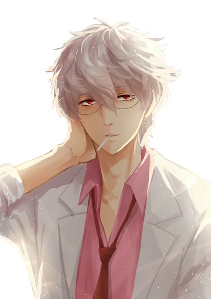 Anime picture 800x1131 with gintama sunrise (studio) sakata gintoki weirdo single tall image looking at viewer short hair simple background red eyes white background white hair hand on head partially open clothes boy shirt glasses necktie food sweets