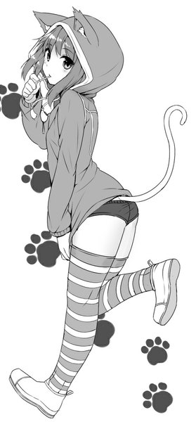 Anime picture 465x1000 with mokyu single tall image looking at viewer fringe short hair light erotic simple background standing animal ears bent knee (knees) tail animal tail cat ears cat tail monochrome arched back paw print footprints girl