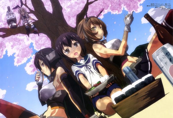 Anime picture 5948x4085 with kantai collection shimakaze destroyer rensouhou-chan nagato battleship mutsu battleship fubuki destroyer long hair highres short hair black hair brown hair multiple girls brown eyes absurdres scan official art cherry blossoms girl thighhighs skirt