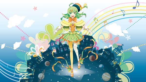 Anime picture 2592x1458 with vocaloid gumi arishiki single looking at viewer fringe highres open mouth wide image green eyes cloud (clouds) ahoge green hair polka dot girl skirt gloves flower (flowers) bow ribbon (ribbons)