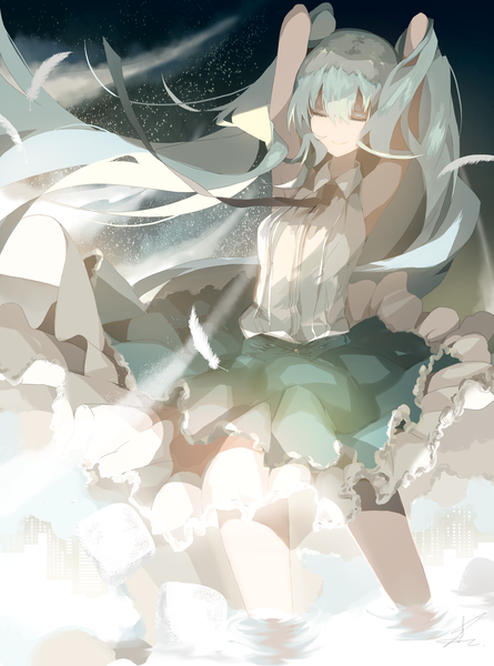 Anime picture 2067x2786 with vocaloid hatsune miku saihate (d3) single long hair tall image fringe highres smile hair between eyes twintails bare shoulders signed eyes closed wind aqua hair night arms up night sky sleeveless