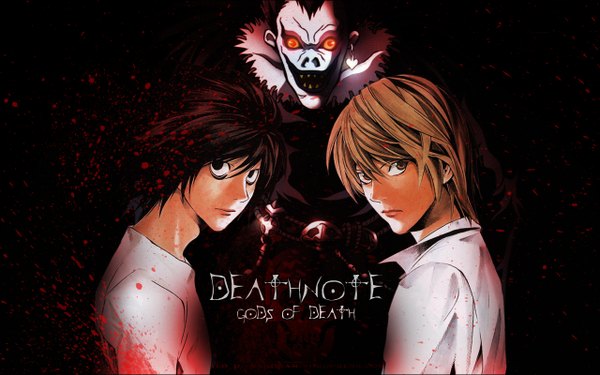 Anime picture 1280x800 with death note madhouse yagami light l (death note) ryuk looking at viewer short hair open mouth black hair red eyes brown hair wide image brown eyes black eyes inscription dark background shirt splashes