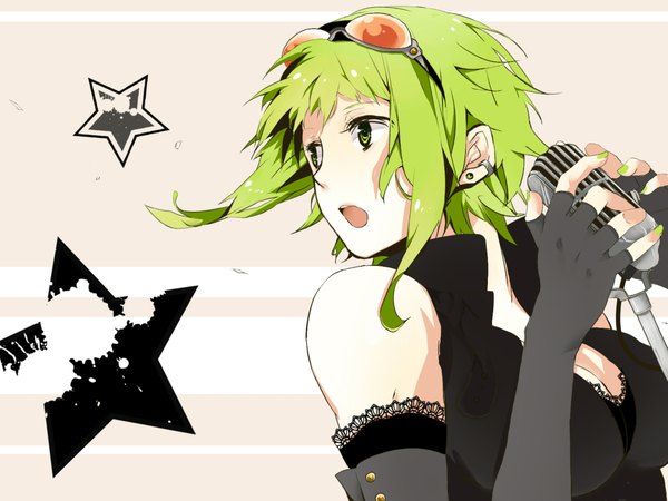 Anime picture 2272x1704 with vocaloid gumi hatsuko highres short hair open mouth bare shoulders green eyes nail polish green hair wallpaper girl earrings choker fingerless gloves star (symbol) microphone goggles
