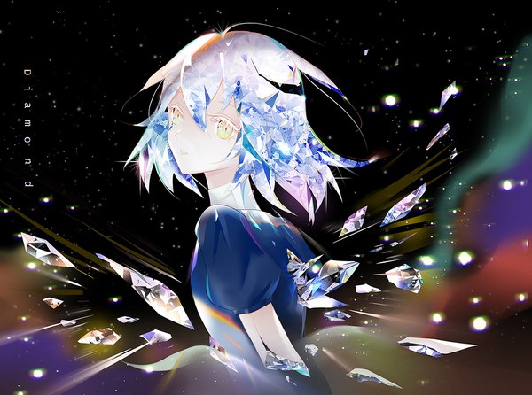 Anime picture 1181x878 with houseki no kuni diamond (houseki no kuni) tamaxi123 single looking at viewer fringe short hair hair between eyes yellow eyes silver hair upper body puffy sleeves character names androgynous amputee gem