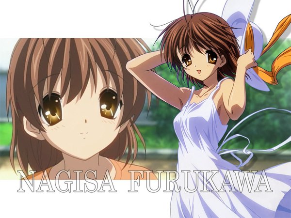 Anime picture 1024x768 with clannad key (studio) furukawa nagisa single looking at viewer fringe short hair open mouth smile brown hair bare shoulders wallpaper text english hat removed girl dress hat white dress