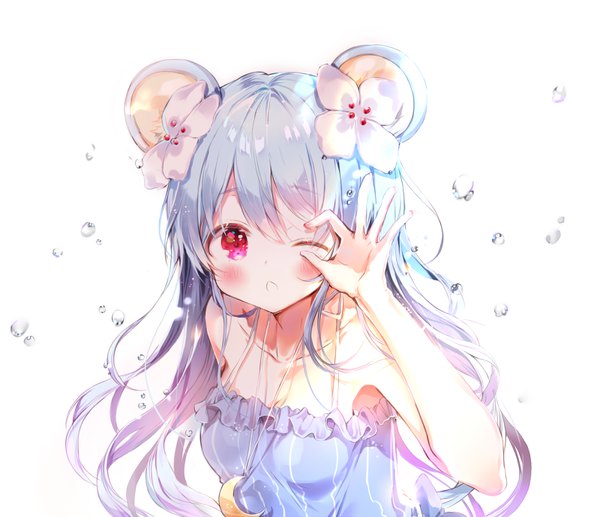 Anime picture 800x690 with original b rock single long hair looking at viewer blush fringe breasts hair between eyes red eyes white background animal ears blue hair upper body one eye closed hair flower wink sunlight :o mouse ears