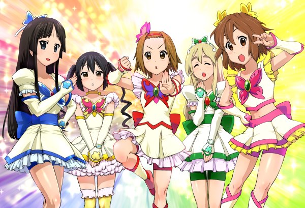 Anime picture 1200x818 with k-on! precure yes! precure 5 kyoto animation toei animation akiyama mio hirasawa yui nakano azusa kotobuki tsumugi tainaka ritsu ueyama michirou long hair short hair black hair blonde hair brown hair standing twintails multiple girls eyes closed