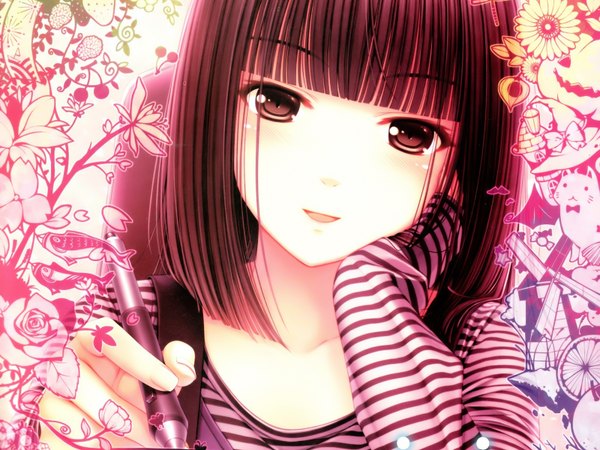 Anime picture 1600x1200 with original sayori (character) sayori looking at viewer highres black hair black eyes face girl flower (flowers)