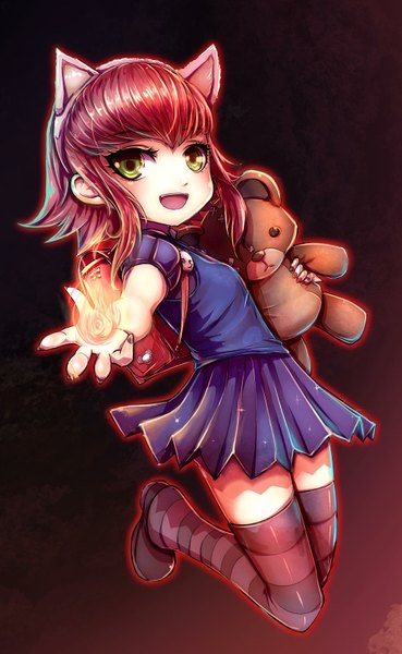 Anime picture 1000x1624 with league of legends annie (league of legends) tibbers (league of legends) beanbean1988 single tall image blush short hair smile green eyes red hair magic girl thighhighs toy stuffed animal striped thighhighs fire
