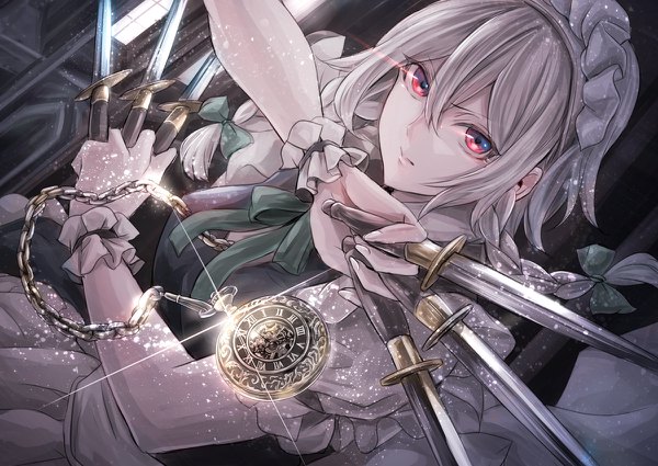 Anime picture 1200x850 with touhou izayoi sakuya jan (lightdragoon) single looking at viewer fringe short hair hair between eyes red eyes holding silver hair upper body braid (braids) short sleeves dutch angle puffy sleeves twin braids lens flare glowing glowing eye (eyes)