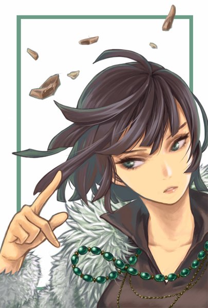 Anime picture 600x888 with one-punch man madhouse fubuki (one-punch man) yuzuri330 single tall image fringe short hair black hair white background green eyes looking away wind open clothes open jacket framed girl jacket jewelry necklace