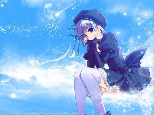 Anime picture 1600x1200 with original suzuhira hiro single looking at viewer short hair blue eyes sitting purple hair long sleeves light smile wallpaper blue background girl thighhighs dress ribbon (ribbons) hair ribbon white thighhighs headdress
