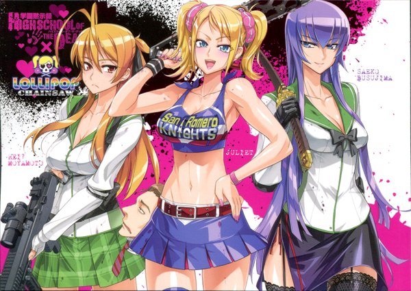 Anime picture 3025x2147 with highschool of the dead lollipop chainsaw madhouse busujima saeko miyamoto rei juliet starling satou shouji long hair highres open mouth blue eyes light erotic blonde hair twintails bare shoulders multiple girls absurdres purple hair armpit (armpits) girl