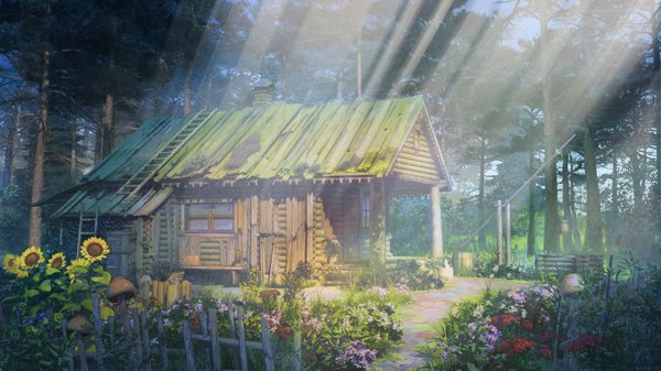 Anime picture 1800x1013 with original arsenixc highres wide image no people scenic flower (flowers) plant (plants) tree (trees) building (buildings) sunflower house mushroom (mushrooms) barrel