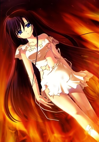 Anime picture 2418x3480 with nishimata aoi single long hair tall image highres blue eyes black hair absurdres torn clothes girl dress white dress necklace fire