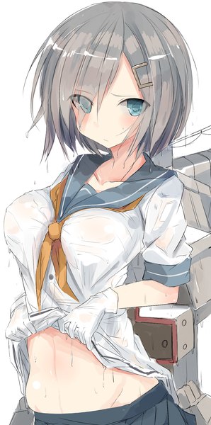Anime picture 981x1971 with kantai collection hamakaze destroyer nao (qqqbb) single tall image looking at viewer blush fringe short hair breasts light erotic simple background large breasts white background holding payot pleated skirt aqua eyes grey hair hair over one eye