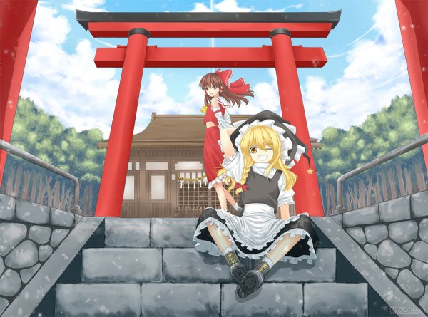 Anime picture 1200x891 with touhou hakurei reimu kirisame marisa nequioze (artist) long hair looking at viewer open mouth blonde hair smile red eyes brown hair sitting bare shoulders multiple girls yellow eyes sky cloud (clouds) one eye closed wink witch