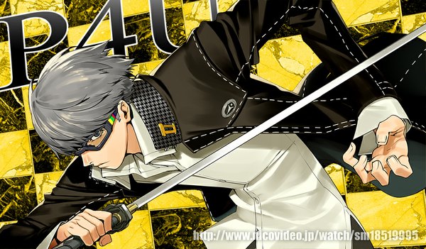 Anime picture 1000x586 with persona 4 shin megami tensei narukami yuu ryota-h single looking at viewer short hair wide image grey hair open clothes open jacket grey eyes checkered checkered background boy uniform weapon school uniform sword glasses