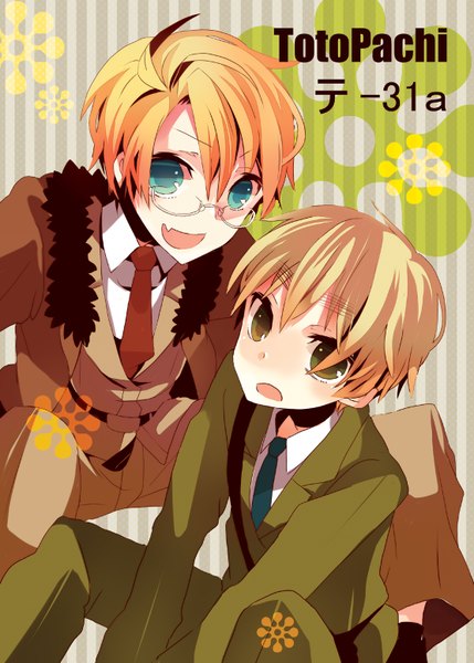 Anime picture 1110x1553 with axis powers hetalia studio deen united kingdom (hetalia) america (hetalia) musou yuchi tall image looking at viewer short hair open mouth blonde hair sitting green eyes aqua eyes inscription multiple boys boy glasses necktie 2 boys