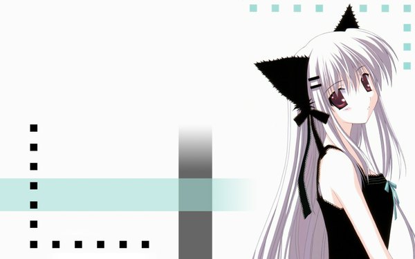 Anime picture 1680x1050 with original nanao naru long hair looking at viewer blush simple background blonde hair red eyes wide image white background bare shoulders animal ears white hair light smile from behind cat ears flat chest girl dress hair ornament