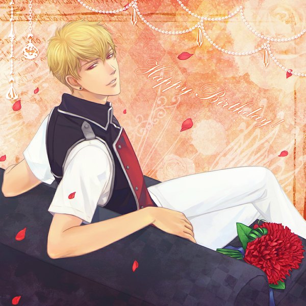 Anime picture 1001x1001 with midori tachibana kamemushi325 single looking at viewer short hair blonde hair red eyes sitting inscription happy birthday boy flower (flowers) earrings petals beads crystal
