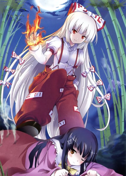 Anime picture 1763x2468 with touhou fujiwara no mokou houraisan kaguya tall image highres black hair red eyes multiple girls yellow eyes white hair girl bow 2 girls plant (plants) tree (trees) moon fire forest bamboo
