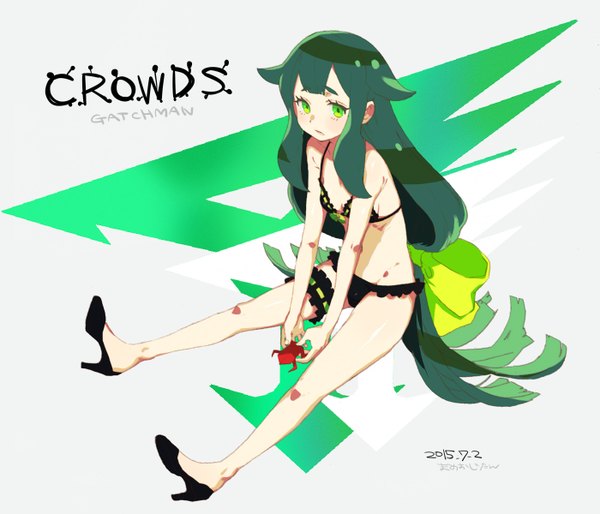Anime picture 1400x1200 with gatchaman crowds tatsunoko utsutsu amanekuu single light erotic simple background sitting green eyes signed very long hair green hair from above grey background copyright name dated eyebrows girl bow swimsuit
