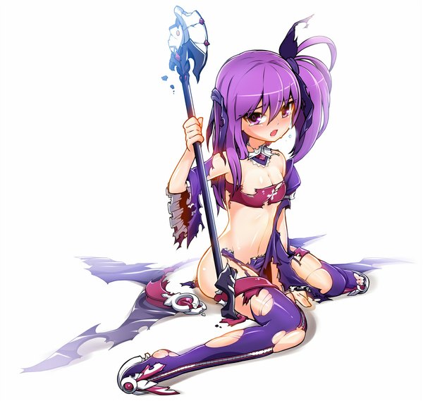 Anime picture 1071x1017 with elsword aisha landar single blush short hair breasts open mouth light erotic simple background white background purple eyes purple hair ponytail tears torn clothes side ponytail girl dress weapon