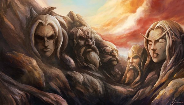 Anime picture 1180x676 with world of warcraft blizzard entertainment wide image sky cloud (clouds) elf dwarf beard statue