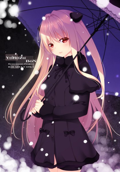 Anime picture 841x1200 with toloveru toloveru darkness xebec konjiki no yami shokuyou mogura single long hair tall image looking at viewer blonde hair red eyes snowing dark background winter girl hair ornament bow umbrella coat lace
