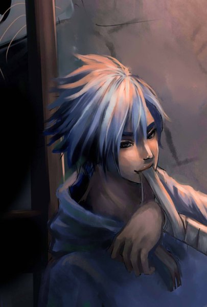Anime picture 1024x1517 with original hnci single tall image short hair simple background blue hair silver hair boy sweater bandage (bandages)