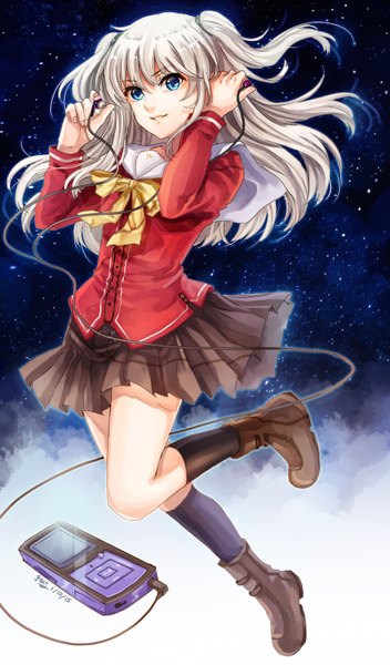 Anime picture 900x1530 with charlotte p.a. works tomori nao k ptn single long hair tall image looking at viewer fringe blue eyes smile twintails signed silver hair cloud (clouds) ahoge bent knee (knees) pleated skirt night night sky