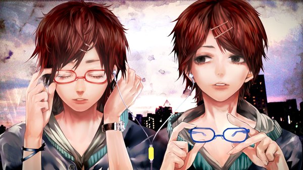 Anime picture 1800x1012 with tcb (pixiv) highres short hair open mouth brown hair wide image eyes closed lips multiple boys grey eyes twins adjusting glasses boy hair ornament glasses jacket bracelet headphones building (buildings) 2 boys