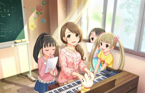 Anime picture 1280x824 with idolmaster idolmaster cinderella girls sasaki chie fukuyama mai mochida arisa yokoyama chika long hair looking at viewer blush open mouth black hair smile brown hair sitting twintails multiple girls brown eyes looking away ponytail eyes closed